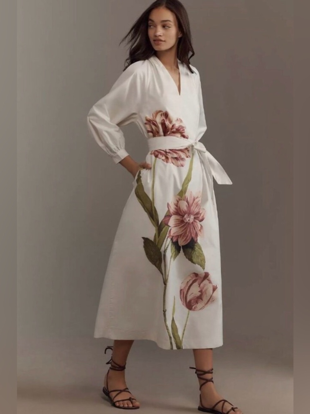 Anthropologie White Maxi Dress with Pink Floral Print
